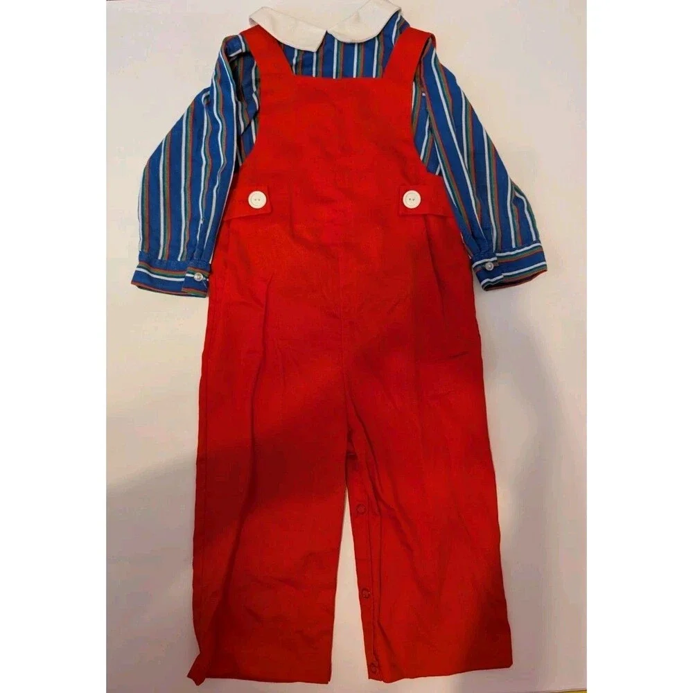 Vintage 2pcs Striped Collared Top & Red Overalls Castle Outfit Size 18-24 Months